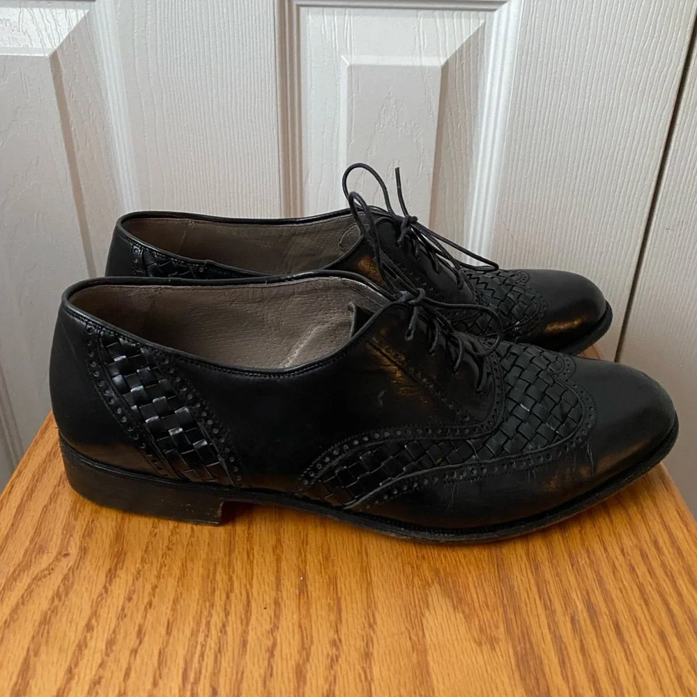BALLY Black Leather Woven Detail Wingtip Derby Shoes SZ 8
